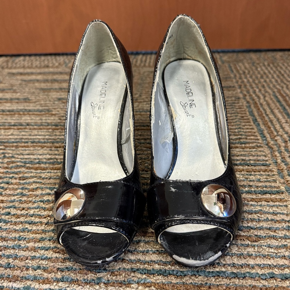Madeline Black Patent Peep Toe Heels